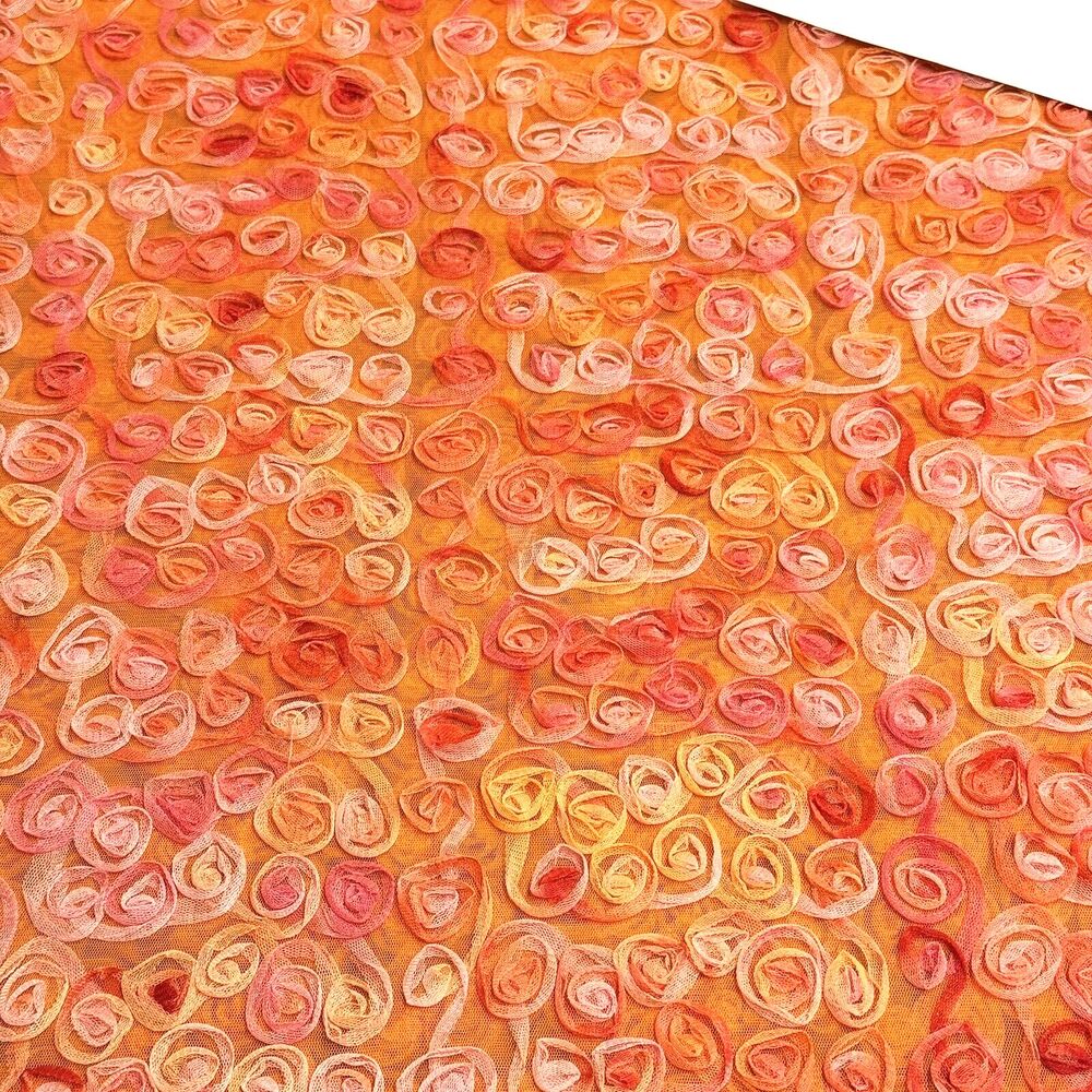 Gradient Pink Orange 3D Rose Flower Mesh Fabric Tulle Material Remnant READ